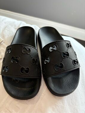 Gucci Black Embossed GG Rubber Slide Sandals